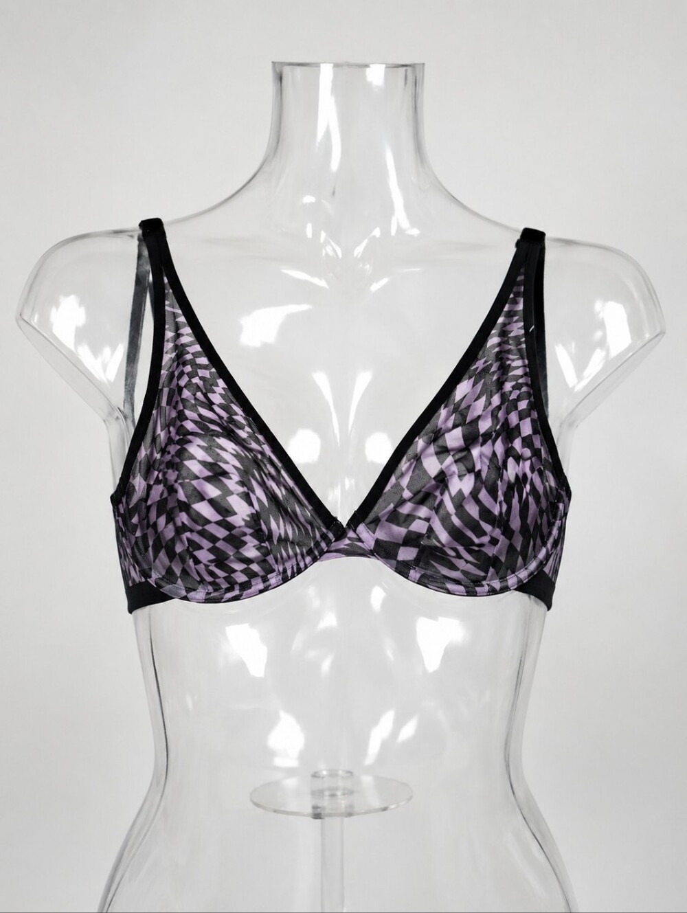 Cacique 44C High Apex Plunge Bra Purple Black Geometric Mesh Underwire Lingerie